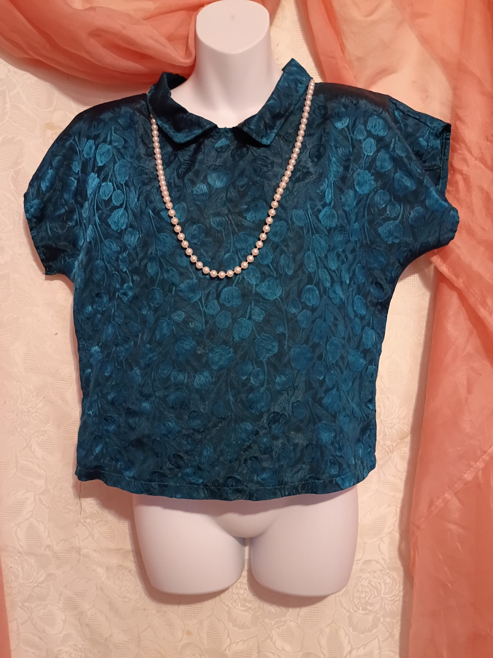 Vintage Ladies Teal Textured Short Sleeve Blouse with Peter Pan Collar Sz Sm